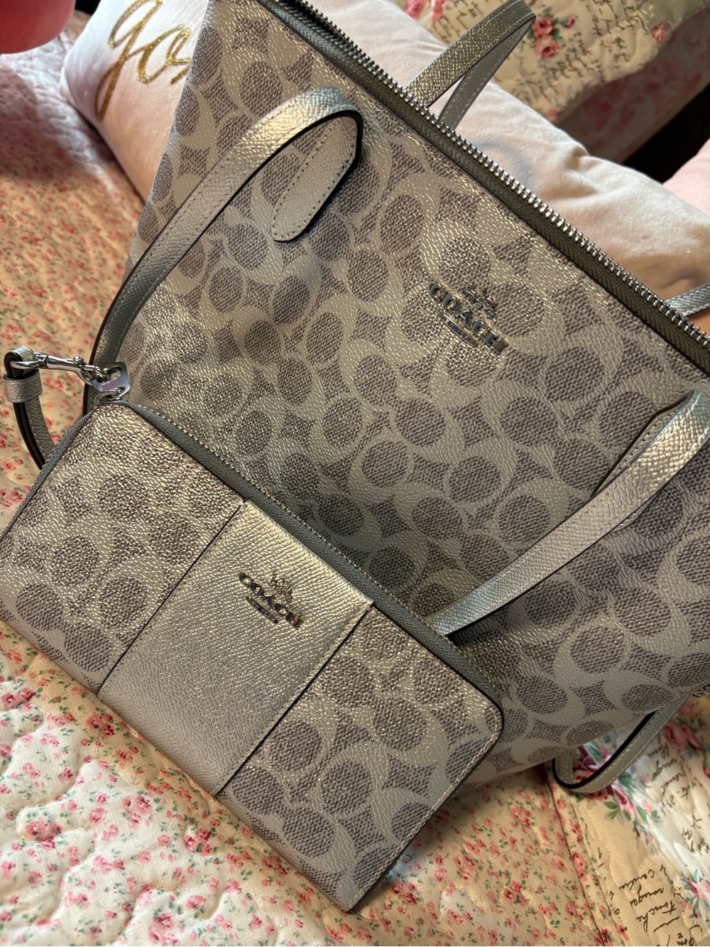 Coach Signature Canvas Tote and Wallet Set in Silver/Gray - Picture 3 of 16